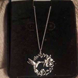 Silver Hummingbird & Floral Circle Pendant Necklace